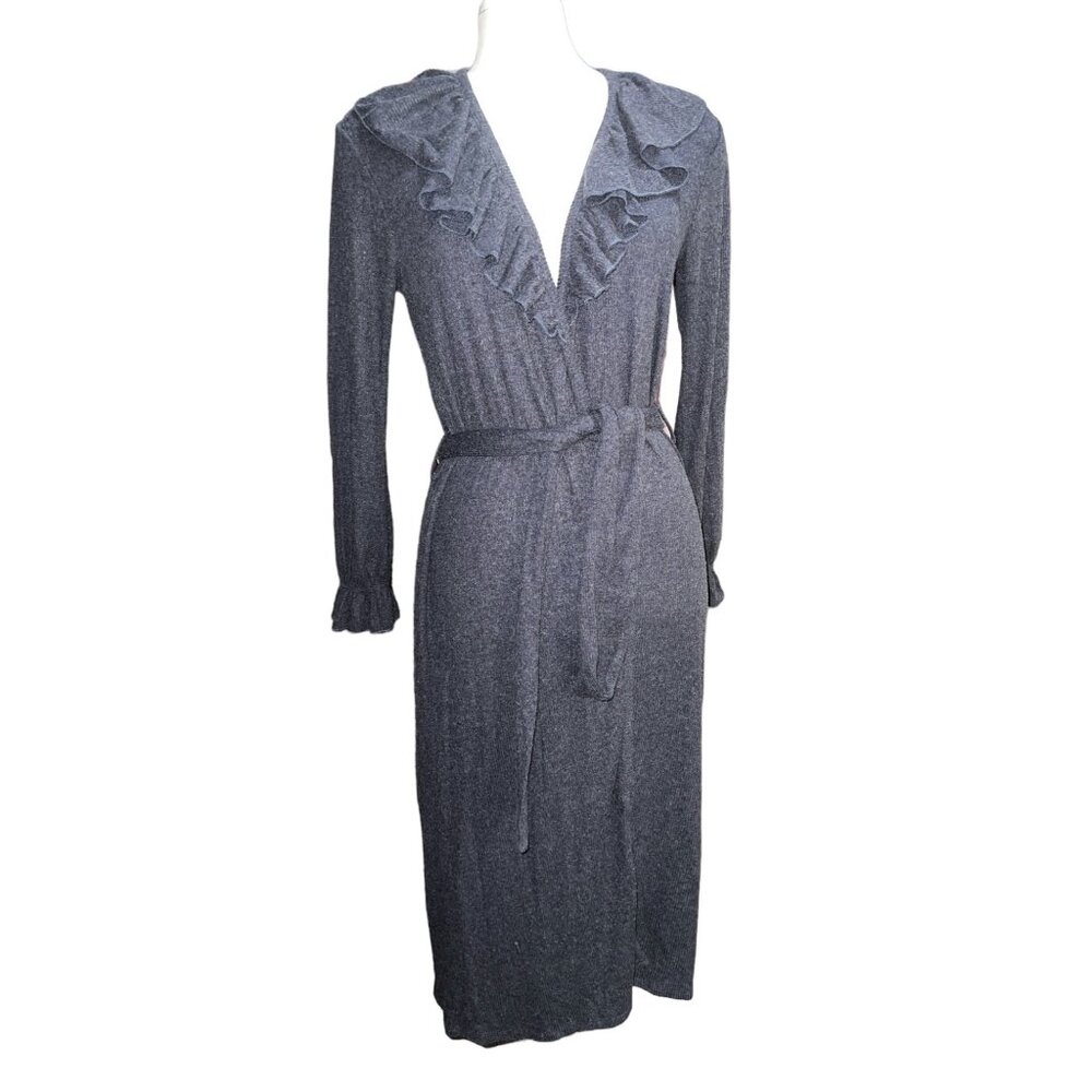 Chaser NWT Ribbed Ruffle Collar Duster Cardigan Sweater Sz Medium Womens Blue Gr